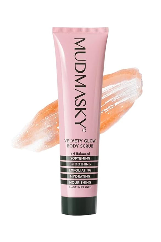 Mudmasky Velvety Glow Body Scrub 6.0 OZ. XXL-size - AS SEEN IN YOUR IPSY GLAM BAG - Exfoliating Bamboo Scrub. Made in France. No harsh chemicals. For Soft, Radiant Skin.