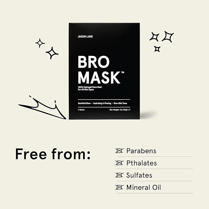 BRO MASK: Korean Face Mask for Men | 2 Pc. Hydrating Anti Aging Sheet Masks Contain Vitamin C, Vitamin E, Hyaluronic Acid, Hydrolyzed Collagen for Face Care, Acne Treatment (4 X 4 Packs)