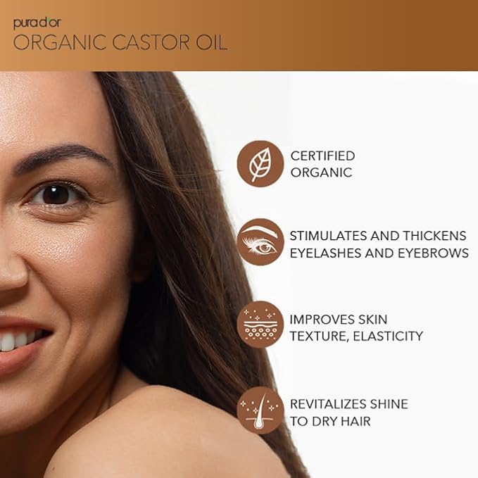 PURA D'OR 16 Oz ORGANIC Castor Oil - 100% Pure USDA Certified Cold Pressed, Hexane Free Eyelash & Eyebrow Serum - For Fuller, Thicker Lashes & Brows - Skin & Hair Moisturizer - Bulk Size
