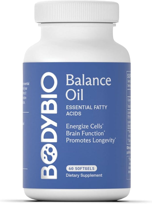 BodyBio Omega Oils 3 & 6 - Essential Fatty Acids for Brain and Heart Health | Organic Safflower and Flax Seed Oil Blend | Cold-Pressed Oils | DHA EPA | Balance Oil 60 Softgel