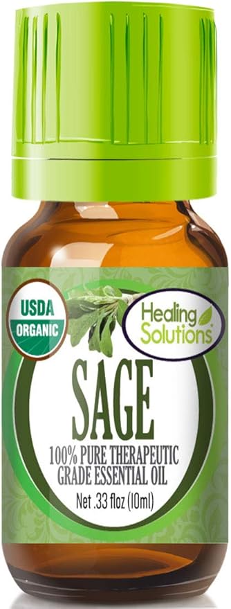 Healing Solutions Organic Sage Essential Oil, Pure & Undiluted 0.33 oz (10ml), Sage Essential Oil for Hair, Diffuser, Skin, & Aromatherapy - Therapeutic Grade