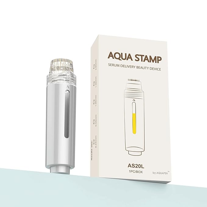 AQUA STAMP 2-in-1 Titanium Derma Stamp | 0.25mm Gold Micro Needles | Manual Microneedling Tool for Face Lips Scalp Care | Portable Serum Applicator with Storage Tube