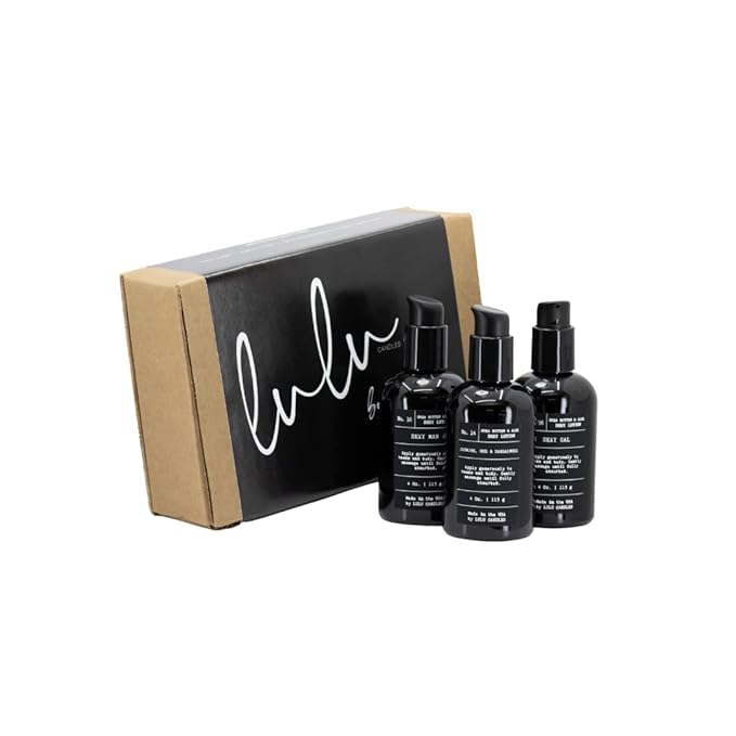 Lulu Candles Moisturizing Body Lotion with Shea Butter & Aloe | Gentle Lotion Nourishes Dry Skin | No Paraben | Dye Free | Non-Greasy (4 Oz. 3-PC SET, Jasmine, Oud & Sandalwood, Sexy Man, Sexy Gal)