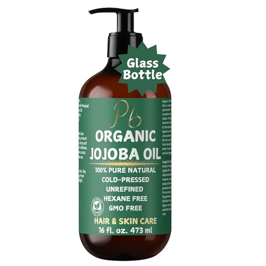 Organic Jojoba Oil– 100% Pure, Cold-Pressed, Unrefined & Hexane-Free – Golden Jojoba Oil for Face, Body, Hair & Nails – Supports Hair Growth, Anti-Aging & Wrinkle Reduction – 16 fl oz Glass Bottle