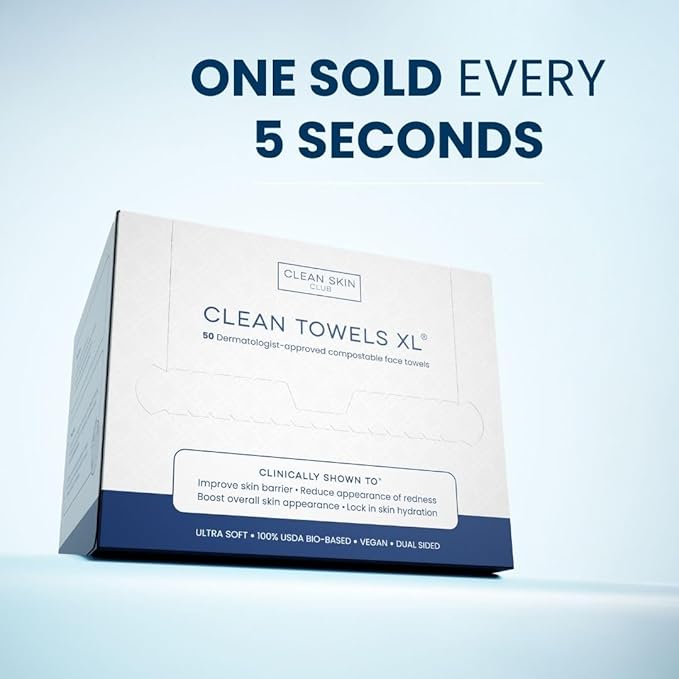 Clean Skin Club Clean Towels XL™, 100% USDA Biobased Face Towel, Disposable Face Towelette, Eczema Association Accepted, Makeup Remover Dry Wipes, Ultra Soft, 300 Ct, 6 Pack