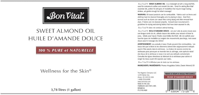 Bon Vital' Sweet Almond Oil Skin & Hair Moisturizer & Gentle Massage Oil, Carrier Oil for Diffusers, Improve Hair Texture and Hydrate Skin, 100% Pure Massage Therapy Oil, 1 Gallon