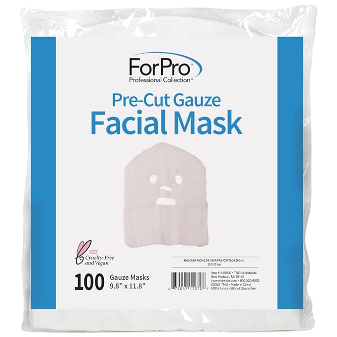 ForPro Professional Collection Precut Gauze Facial Mask, 100% Cotton Gauze, for High Frequency Facial Treatments and Masks, 100-Count