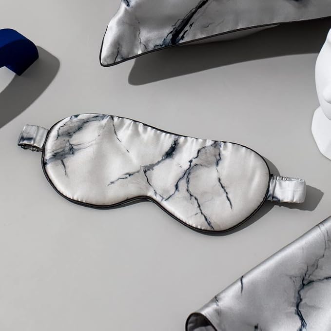 THXSILK Sleep Mask 100% 19 Momme Pure Mulberry Silk Super Smooth Cooling Decorative Sleep Eye Mask Blackout Eye Cover with Wide Head Strap, Marble-Grey