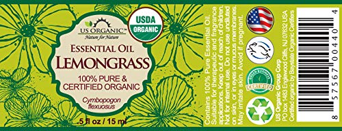 US Organic 100% Pure Lemongrass Essential Oil, USDA Certified Organic, Extracted by Steam Distillation Method, for Hair, Nail Polish Remover, Bees Attraction, and More. 15 ml