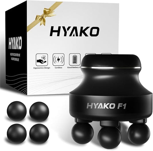 HYAKO F1 4-Heads Handheld Electric Deep Tissue Body Massager – Portable Orbital Professional Muscle Massager Tool for Easing Shoulder and Back Tension and Chiropractic Tool for Myofascial Release