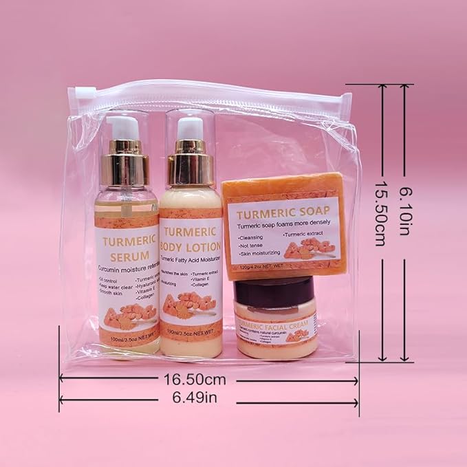 4 Packs Turmeric Serum,Turmeric Soap,Turmeric Body Lotion,Turmeric Facial Cream with Vitamin C, Vitamin E, Collagen,Hyaluronic Acid for Reduces Dark Spots