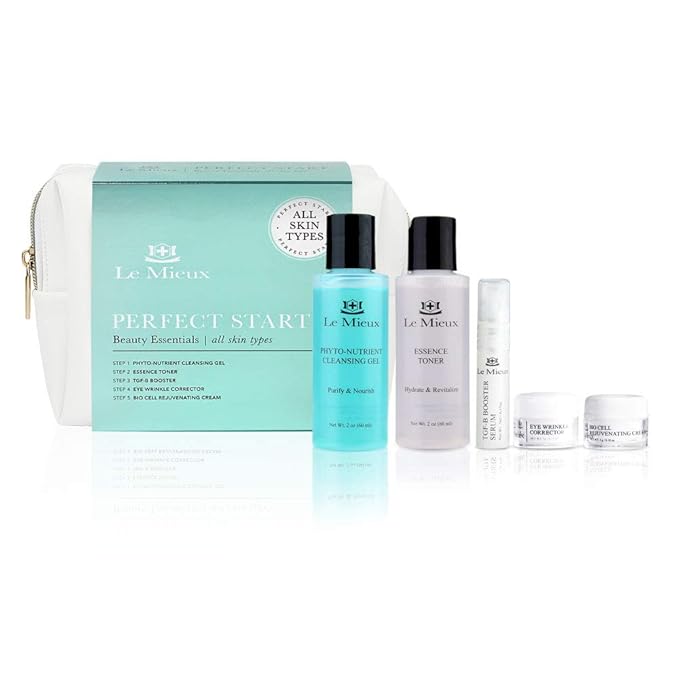 Le Mieux Perfect Start Beauty Essentials Set for Normal Skin - 5-Piece Facial Set - Phyto-Nutrient Cleansing Gel, Essence Toner, TGF-B Booster, Eye Wrinkle Corrector & Bio Cell Rejuvenating Cream