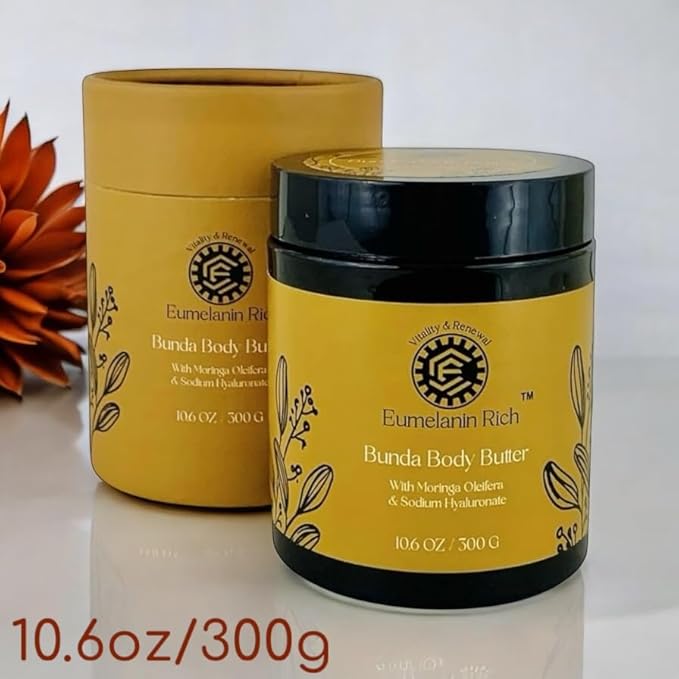 Bunda Body Butter Whipped Shea & Cocoa Butter Infused With Moringa Oleifera & Sodium Hyaluronate-Intense Hydration for Dry Crepey Skin 10.6oz