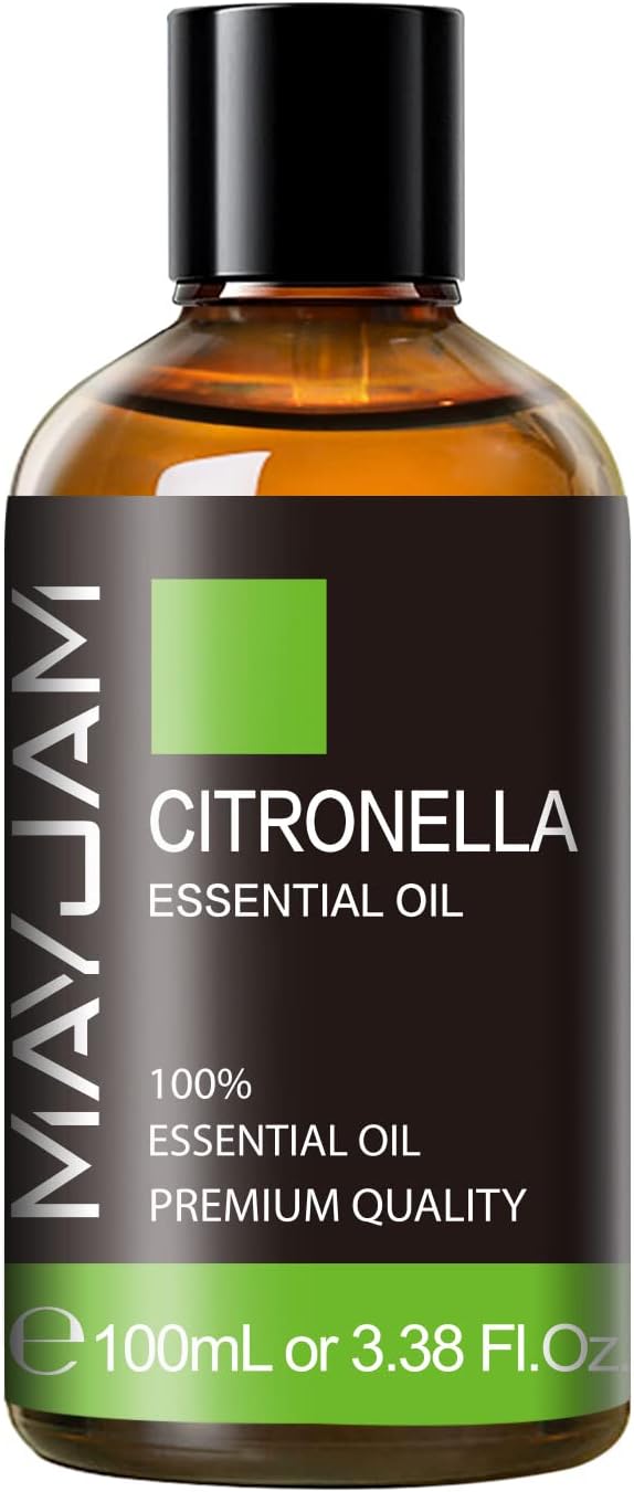 Citronella Essential Oil, 3.38FL.OZ Pure Essential Oils with Glass Dropper, Large Volume Citronella Oil, Perfect for Massage, DIY Candle and Soap Making (100ML)