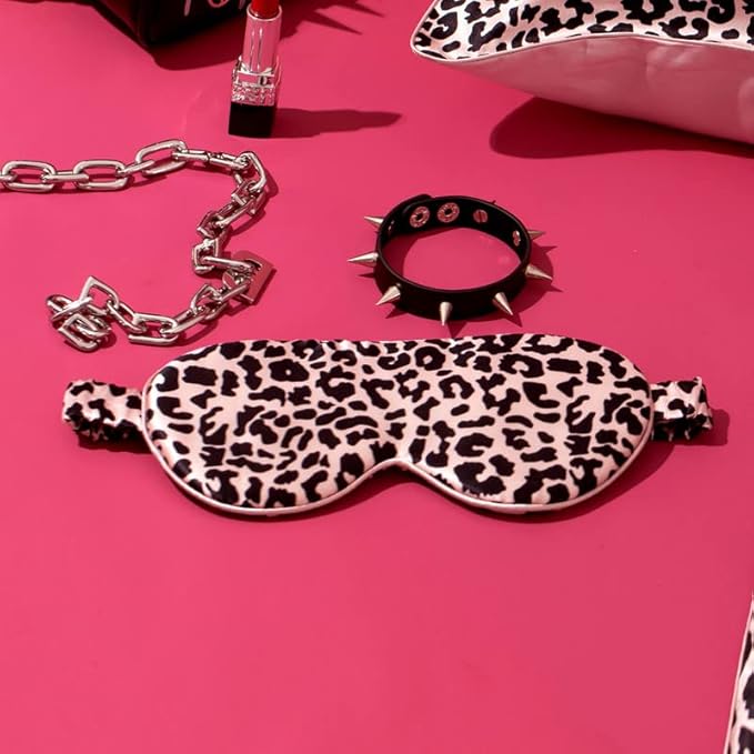 THXSILK Sleep Mask 100% 19 Momme Pure Mulberry Silk Super Smooth Cooling Decorative Sleep Eye Mask Blackout Eye Cover with Wide Head Strap, Leopard-Pink