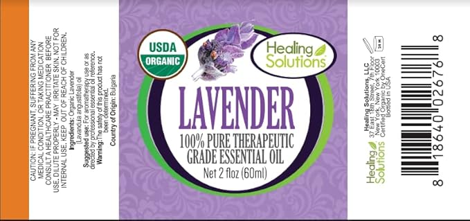 Healing Solutions Organic Lavender Essential Oil (2 oz / 60 ml), Undiluted, Pure, for Hair, Diffuser, Skin, & Aromatherapy - Therapeutic Grade - Lavender Oil