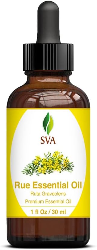SVA Rue Essential Oil – 1 Fl Oz – 100% Natural Rue Oil - for Diffuser, Hair Care, Face, Skin Care, Aromatherapy, Scalp and Body Massage, Soap and Candle Making - with Dropper