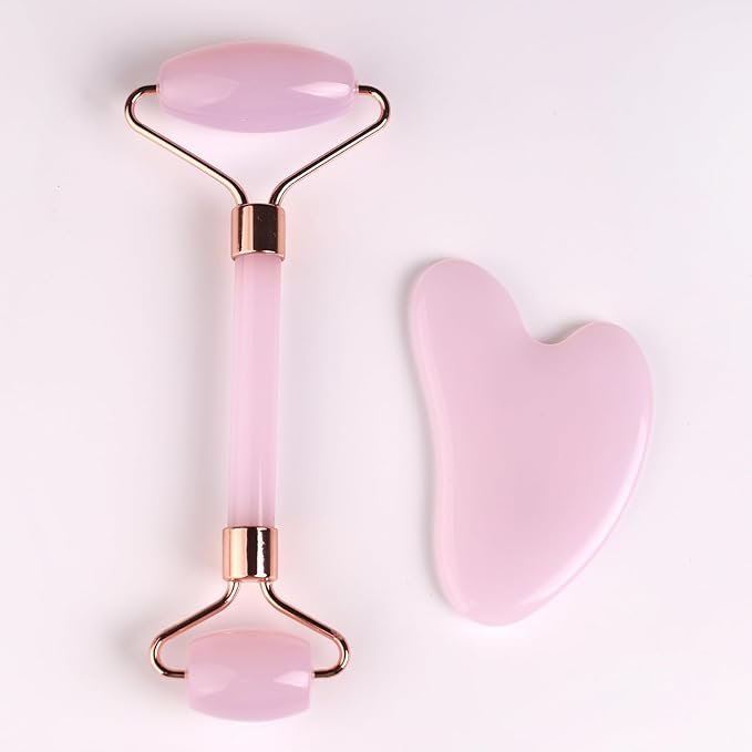 Female Facial gua Sha Jade Roller Tool Set Rose Quartz Crystal face Roller Massager Jade White Jade Massage The face, Eyes (C-Pink)