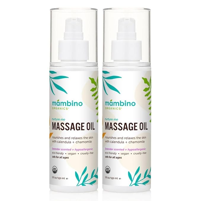 Massage Baby Oil – Organic, Nourishing with Egyptian Calendula, Chamomile & Lavender – Gentle for After-Bath Relaxing – Cruelty-Free Baby Oils for Baby & Kids by Mambino Organics, 2-Pack 5 fl oz