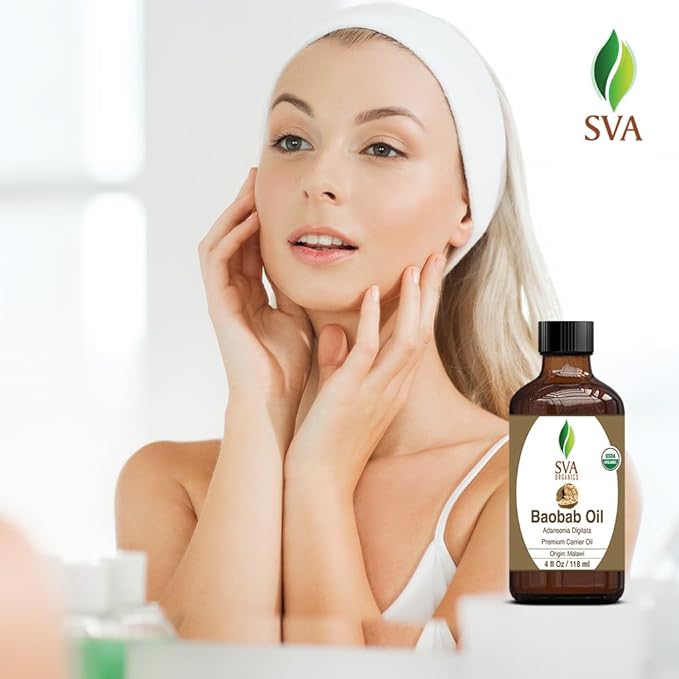 SVA Baobab Seed Oil Organic - 4 Fl Oz – 100% Natural Cold Pressed Organic Baobab Oil - for Face, Skin Care, Hair Care, Scalp Massage & Body Massage – Carrier Oil with Dropper