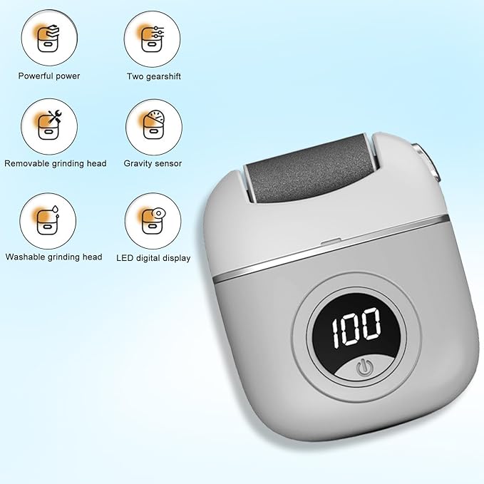 Electric Foot Callus Remover, 2024 New USB Rechargeable Foot Repair and Grinding Device, Heel Polisher Digital Display, Electric Foot Exfoliating Scrubber with 3 Grinding Heads 2 Speeds (Grey)