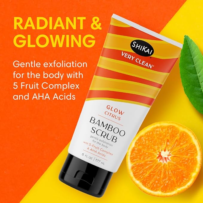 ShiKai Very Clean Bamboo Body Scrub (Glow Citrus, 6 oz) | Gentle Hydrating & Exfoliating Skin Cleanser | With 5 Fruit Complex & AHA Acids