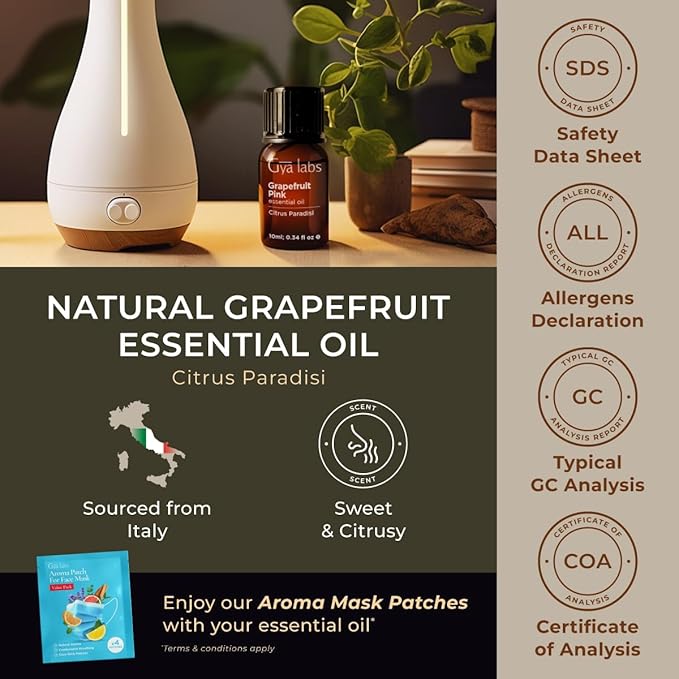 Gya Labs Grapefruit Essential Oil for Skin & Diffuser - 0.34 Fl Oz - 100% Pure Natural Grapefruit Oil for Skin, Hair, Aromatherapy DIY & Candle Making - Zesty & Refreshing Scent