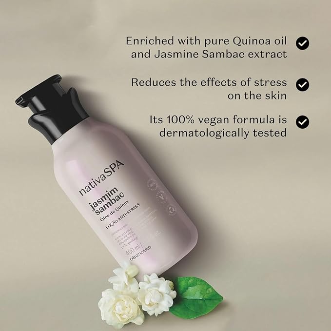 Nativa SPA by O Boticario Jasmin Sambac Anti-Stress Body Lotion, Fragranced Moisturizer Enriched with Purified Quinoa Drops to Boost Hydration, 13.5 Ounce (400ml)