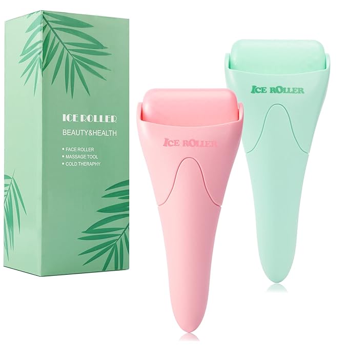 2 Pack Ice Roller for Face and Body Massage, Facial Roller Skin Care Tool for Reduce Wrinkles and Puffiness, Migraine Pain Relief and Skin Tighten, Cold Therapy for Cooling and Calming.(Pink+Green)