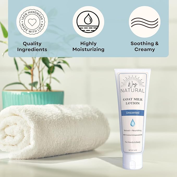 Goat Milk Lotion, Unscented - Home & Away Set, Natural, Body/Hand - Goat Milk Hand Cream for Women and Men - Creamy, Dry Skin Relief - Unscented Lotion - 8oz & 2oz Travel Size Tube