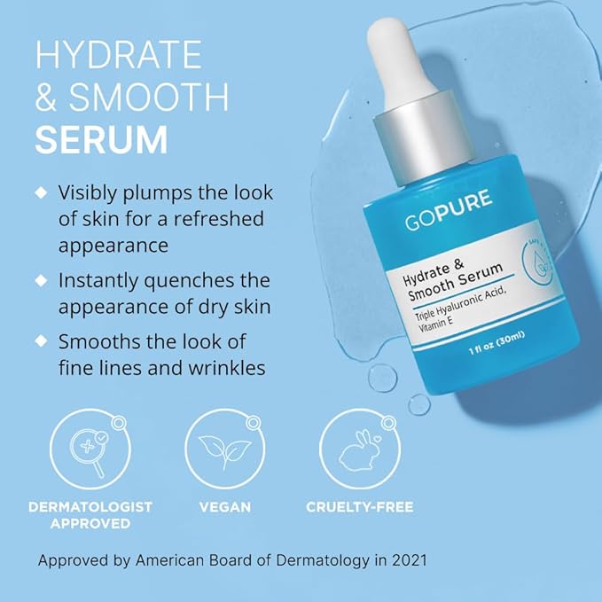 goPure Actives Hyaluronic Acid Serum with Vitamin E - Natural Glow Serum for Visibly Brighter, Hydrated Skin, Anti-Aging Serum to Smooth the Appearance of Wrinkles and Promote a Firmer-Look - 1 fl oz