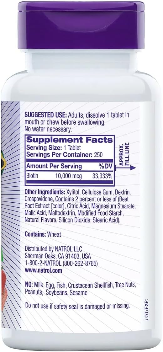 Natrol Biotin 10000 mcg, Strawberry Flavor, Fast Dissolve Tablets, Extra Strength, 250 Count