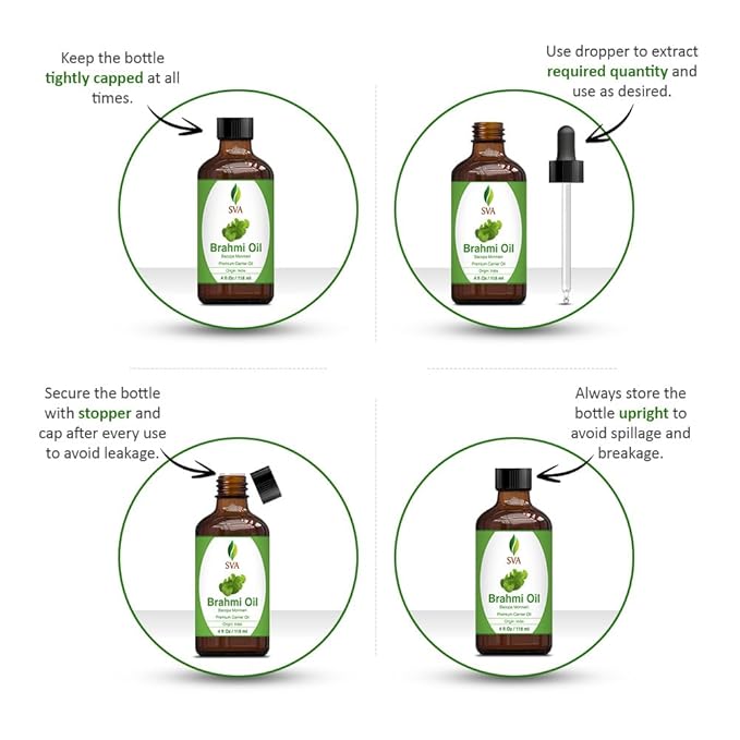 SVA Brahmi Oil - 4 Fl Oz – 100% Natural Cold Pressed Brahmi Oil - for Face, Skin Care, Hair Care, Scalp Massage & Body Massage – Carrier Oil with Dropper