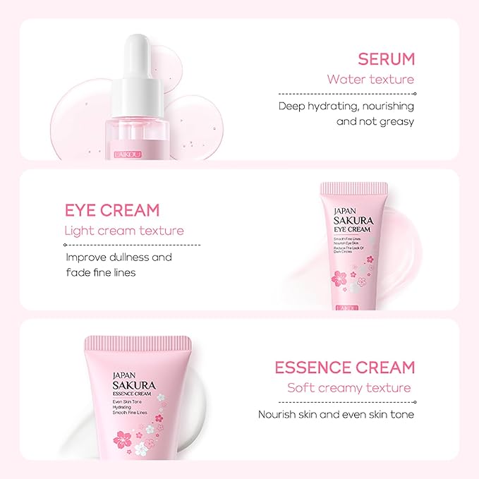 Skin Care Set JAPAN SAKURA Beauty Gift Sets Skin Care Kit with Serum, Eye Cream, Face Cream Travel Kit for Women Wife Mom Teen Girls TSA-friendly Sizes Christmas Gift 3pcs
