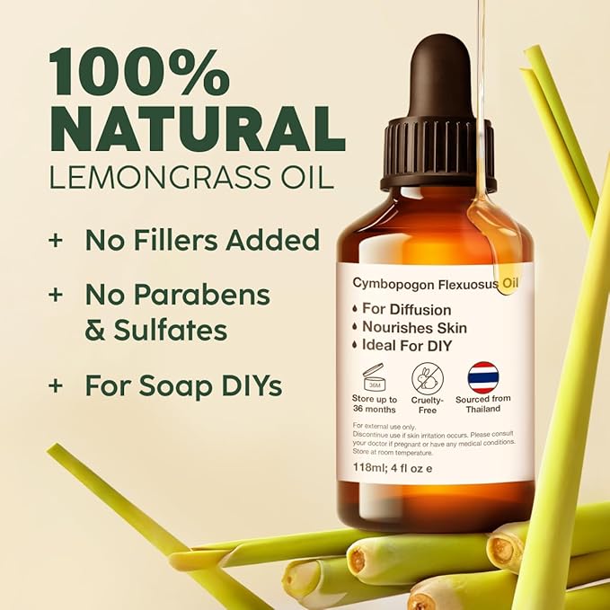 Kukka Lemongrass Essential Oil for Skin, Diffuser & Hair - 4 Fl Oz - 100% Pure Natural, Cleansing & Nourishing, Herbaceous Scent for Aromatherapy & Soap Making Scent DIY