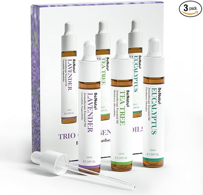 Benatu Essential Oils Set (Tea Tree Lavender Eucalyptus) for Home, Organic Relax Scent Aromatherapy Gift for Women and Men, Natural Fragrance for Skin Care, Body Topical Massage, Diffuser 3 Packs