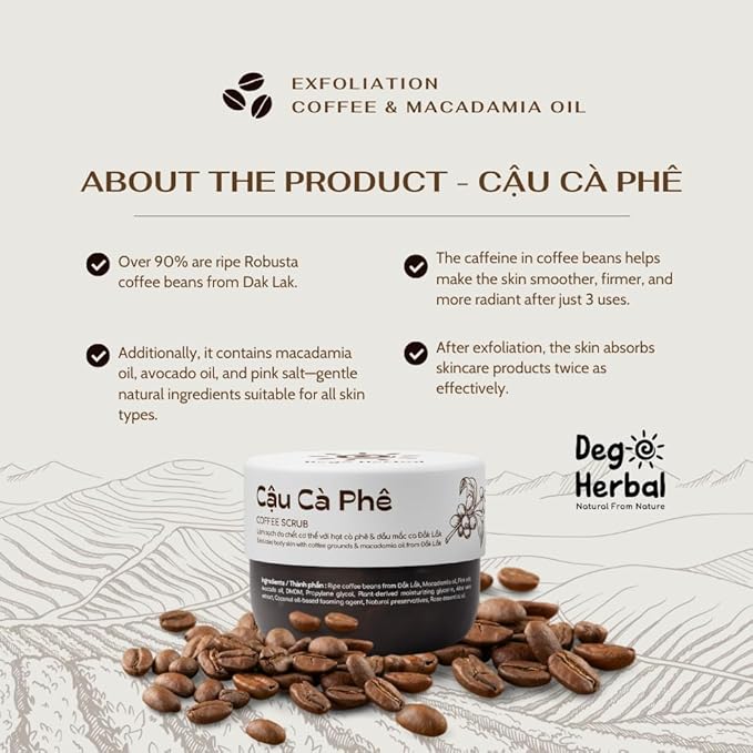 Coffee Body Scrub with Dak Lak Ripe Coffee, Macadamia Oil, Himalayan Salt, Aloe Vera & Pink Grapefruit Essential Oil β Exfoliating & Moisturizing for Smooth, Radiant Skin (8.8 fl oz)