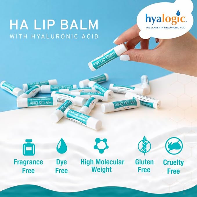 Hyalogic HA Lip Balm - Hyaluronic Acid & Organic, Natural Coconut Oil - Soothes Dry, Chapped Lips - Plumping, Moisturizing & Nourishing - Unflavored - Fragrance & Dye Free - 4.25g - 18 Sticks