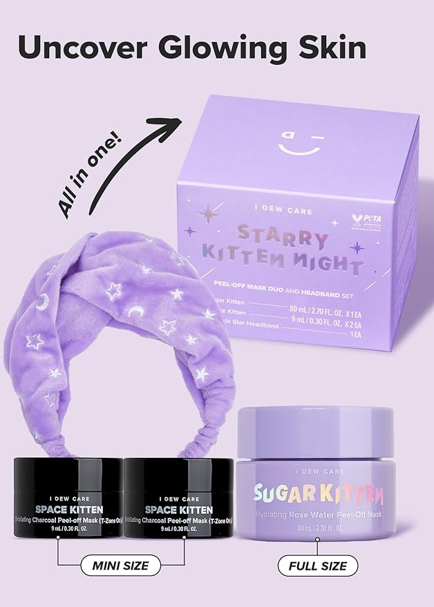 I DEW CARE Peel-off Face Mask Set - Starry Kitten Night | Masks 3ea & Headband, Hydrating, Illuminating, Exfoliating, Korean Skin Care, Exfoliating, Deep Cleansing, Mother's Day