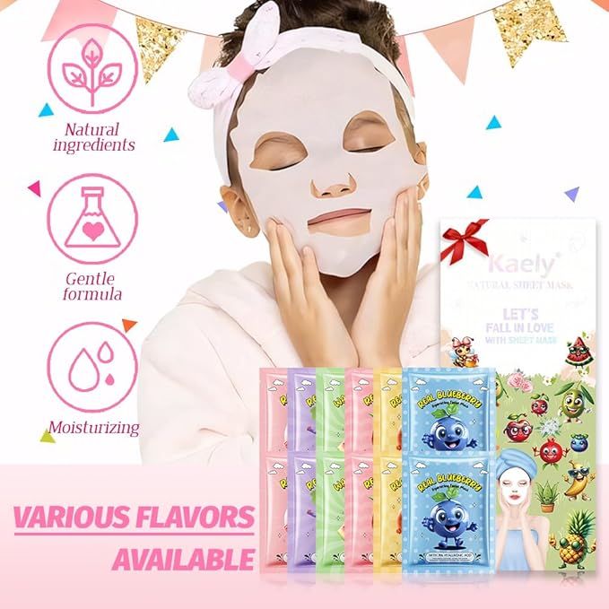 Kaely 12 Pack Fruit Face Masks for Kids, Kids Face Mask Spa Day kit Supplies, Spa Party Favors for Teens Girls Women, Sheet Facial Mask Skincare Gifts Set, Moisturize Soothe for All Skin Types, 04