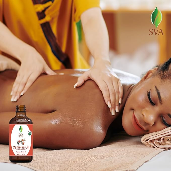SVA Camellia Seed Oil Organic - 4 Fl Oz – 100% Natural Cold Pressed Organic Camellia Oil - for Face, Skin Care, Hair Care, Scalp Massage & Body Massage – Carrier Oil with Dropper