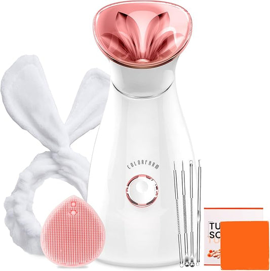 Colorfarm Facial Steamer Skin Care Kit: Face Steamer Home Spa Deep Cleaning Unclogs Pores Blackheads with 4 Skin Care Tools - Relaxing Self Care Gifts for Women (Gentle Exfoliation & Cleansing Kit)