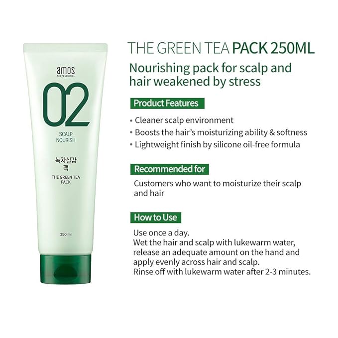 AMOS PROFESSIONAL The Green Tea Pack 8.45 oz (250ml) | Nourishing and Moisturizing Deep Conditioner for Hair Growth | Korean Hair Salon Brand