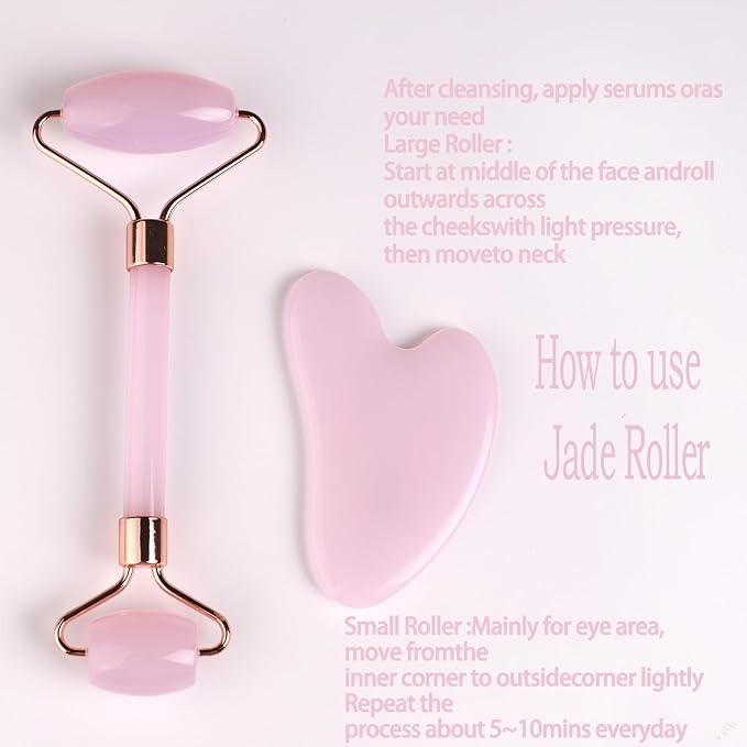 Female Facial gua Sha Jade Roller Tool Set Rose Quartz Crystal face Roller Massager Jade White Jade Massage The face, Eyes (C-Pink)