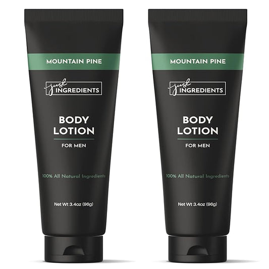 JUST INGREDIENTS Mountain Pine Body Lotion | 3.4 oz | 2 Pack | Hydrating Skin Care Lotion for Men with Shea Moisture | Non Greasy Moisturizer | Skincare | Hand Cream