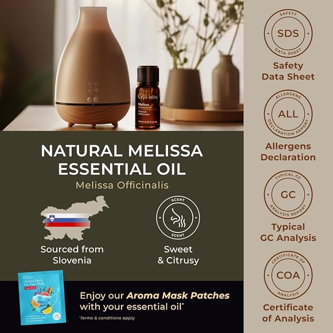 Gya Labs Melissa Essential Oil for Diffuser - 0.34 Fl Oz - 100% Pure Natural Melissa Oil for Skin, DIY Aromatherapy & Candle Making - Sweet & Herbaceous Scent