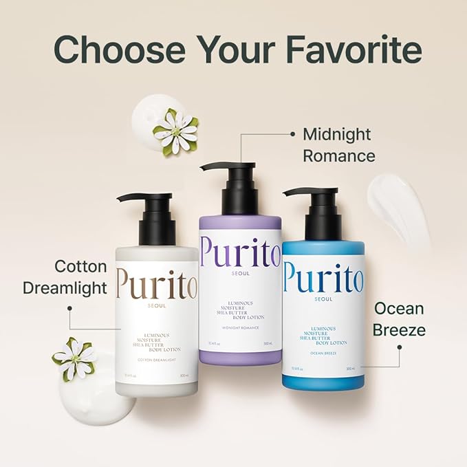 PURITO Luminous Moisture Shea Butter Body Lotion, Shea Butter, Gentle on Skin, Moisturizing, Dry Skin, Pump Bottle, K-Beauty, 300ml / 10.14 fl. oz. (Cotton Dreamlight, 10.14 fl. oz.)