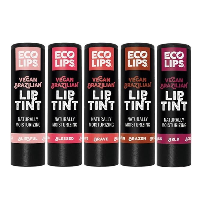 Eco Lips Vegan Cruelty-Free Brazilian Lip Tint Variety Pack - 100% Natural Lip Balm (Blessed, Blissful, Brave, Brazen, Bold) (5 Pack) | Made in USA