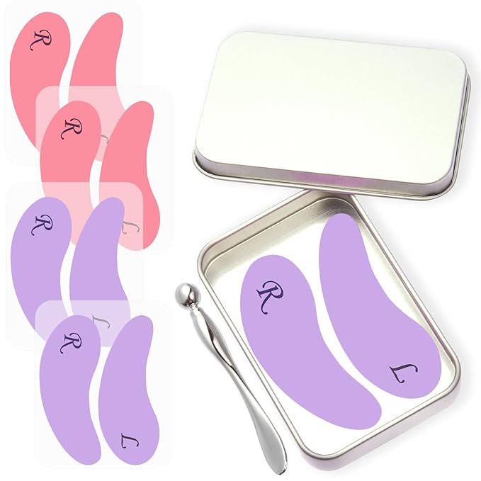 4 Pairs Reusable Under Eye Wrinkle Patches Silicone Mask, Plump Fine Lines & Wrinkles, with Metal Eye Cream Applicator, Tin Case, Purple&Pink