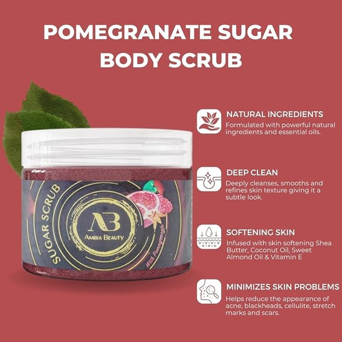 Amira Beauty Pomegranate Sugar Body Scrub Exfoliating Ultra Hydrating Moisturizing Scrub - Fights Acne, Cellulite, Stretch Marks, Scars & Wrinkles (14oz)